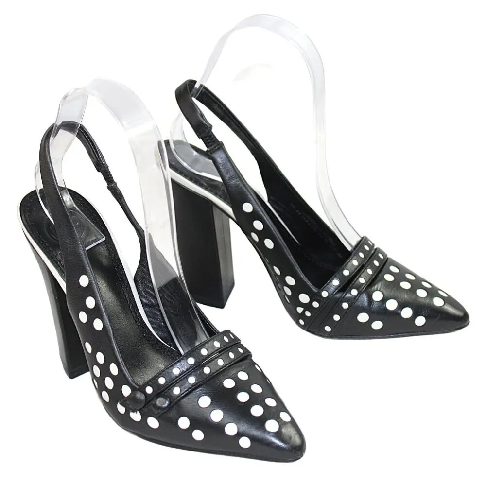 Tory Burch Kay Black Ivory Polka Dot Leather Sling Back Heels, Size 6.5